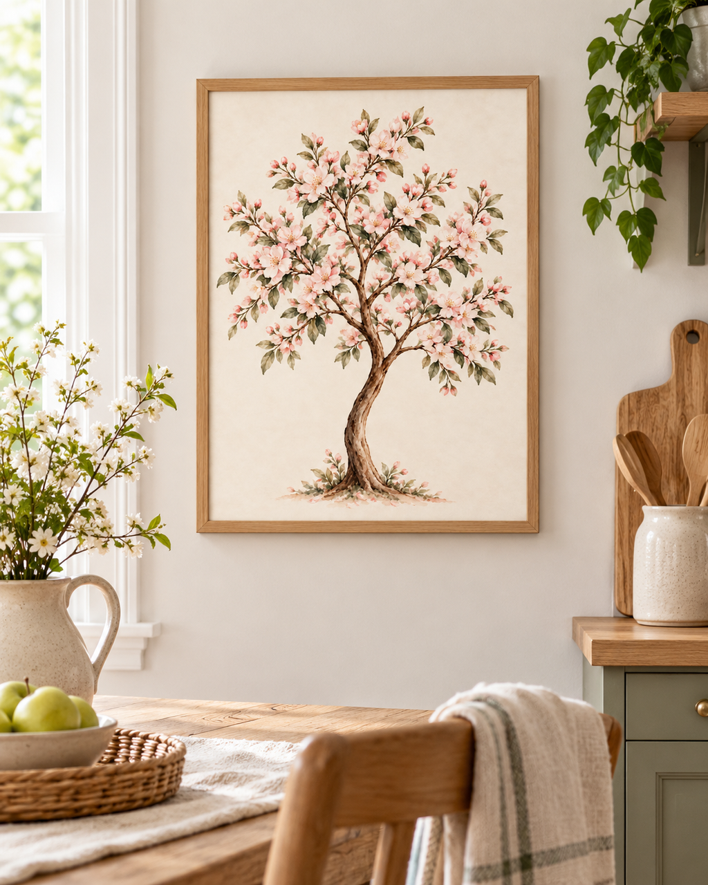 Watercolour flowering tree with blush pink blossoms, muted green leaves and a curved brown trunk on warm ivory styled in a kitchen