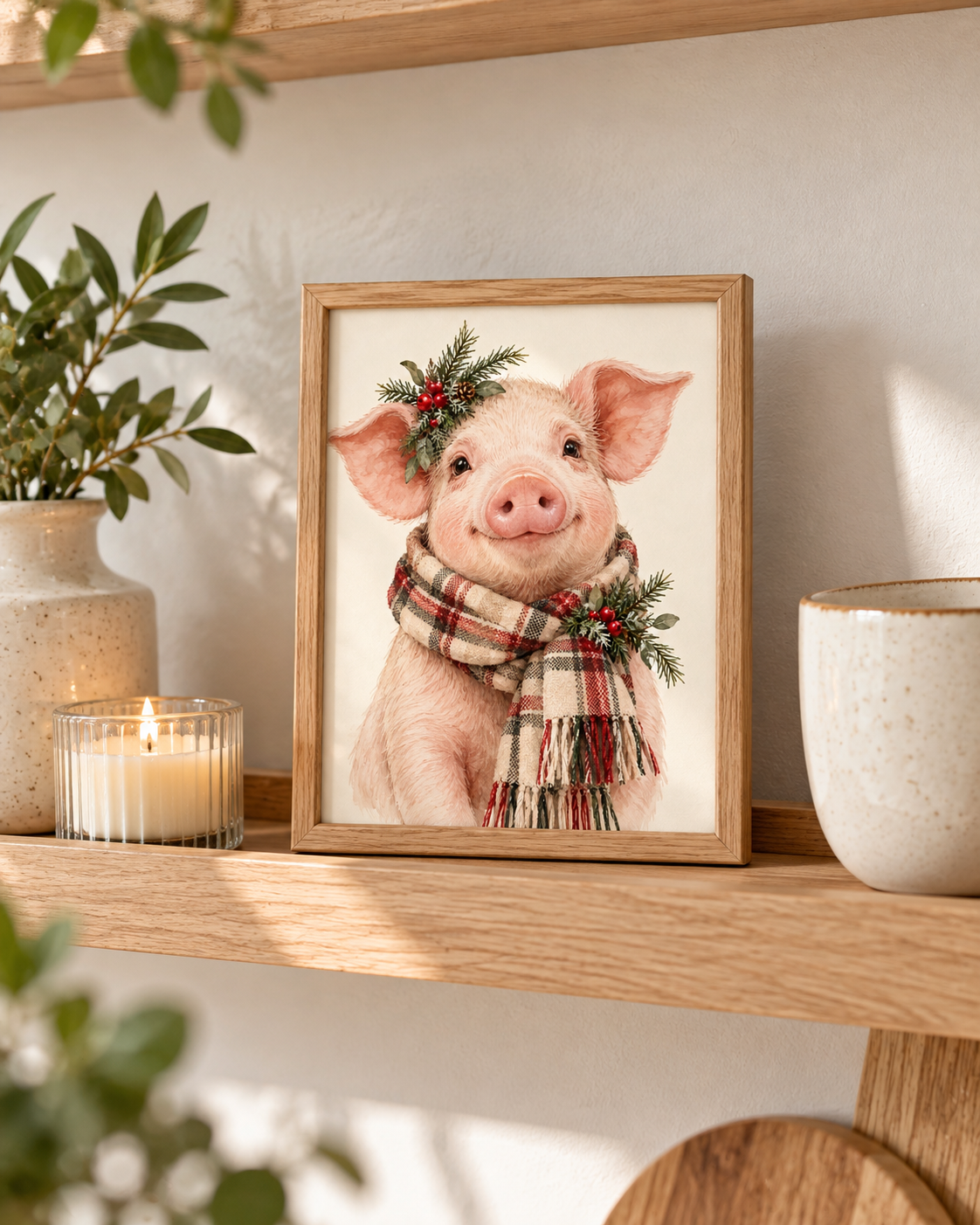 Christmas pink piglet illustration with tartan scarf, evergreen sprigs, red berries and pine cones on a warm cream background styled in a shelf