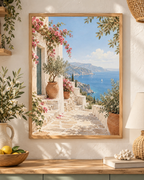 Mediterranean coastal scene with pink bougainvillea, whitewashed walls, terracotta pots and blue sea; print only, frame not included