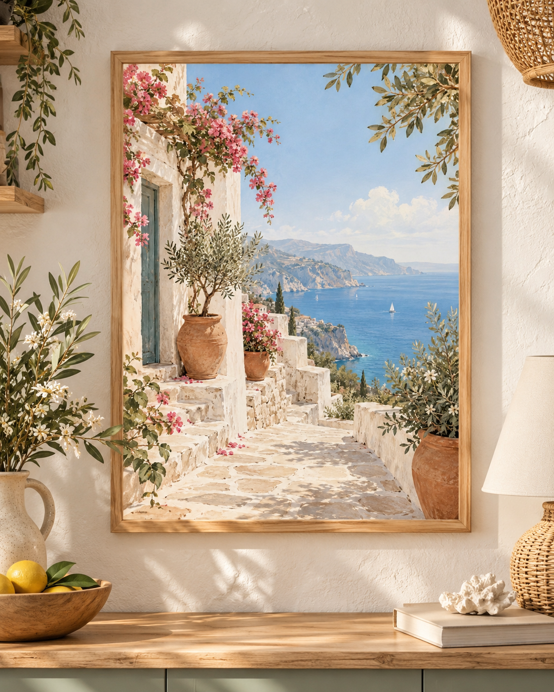 Mediterranean coastal scene with pink bougainvillea, whitewashed walls, terracotta pots and blue sea; print only, frame not included