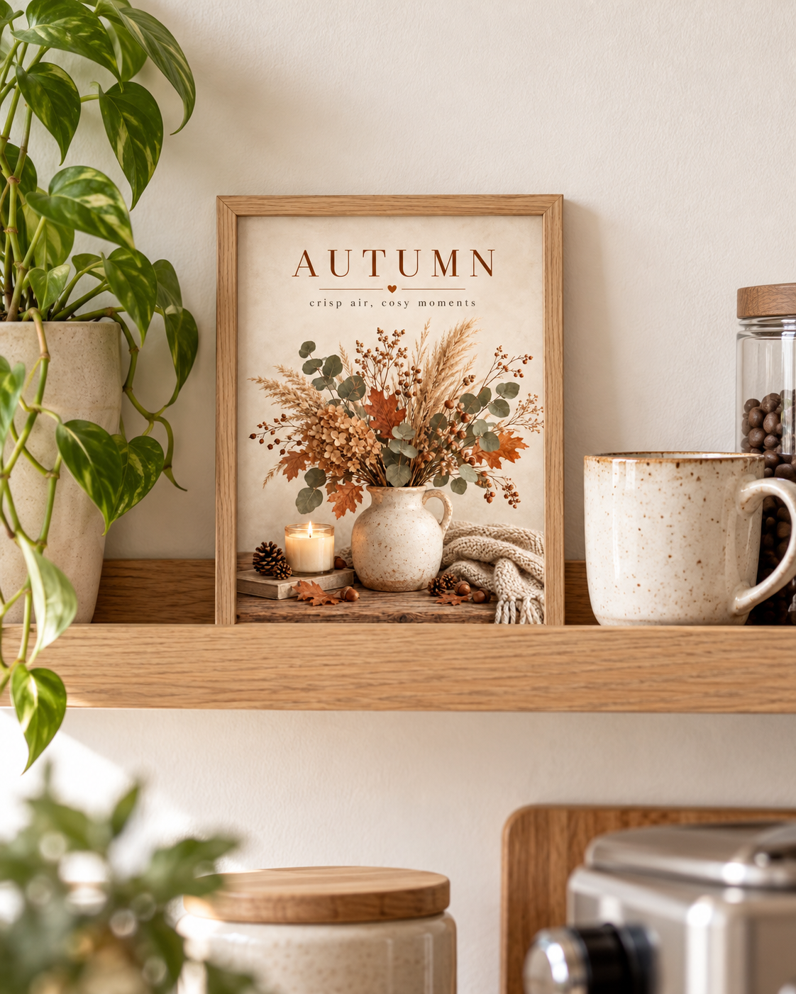 Autumn crisp air cosy moments artwork with dried flowers, eucalyptus and grasses in a rustic vase, candle and knitted blanket styled in a shelf
