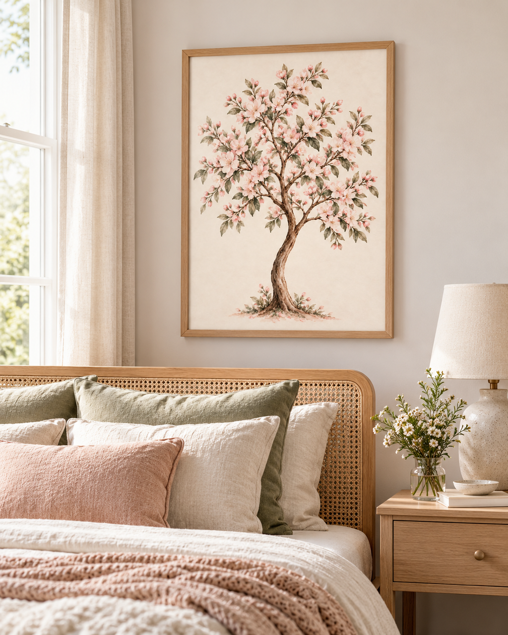 Watercolour flowering tree with blush pink blossoms, muted green leaves and a curved brown trunk on warm ivory styled in a bedroom