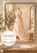Blush dress on a mannequin with Dress like a happier you quote and soft neutral dressing room styling; framed and ready to hang badge