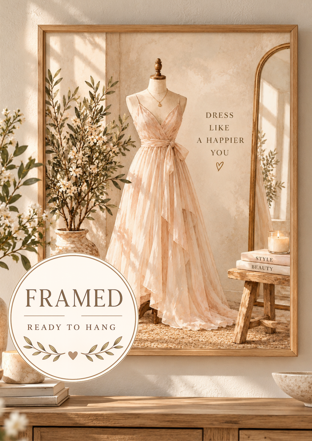 Blush dress on a mannequin with Dress like a happier you quote and soft neutral dressing room styling; framed and ready to hang badge
