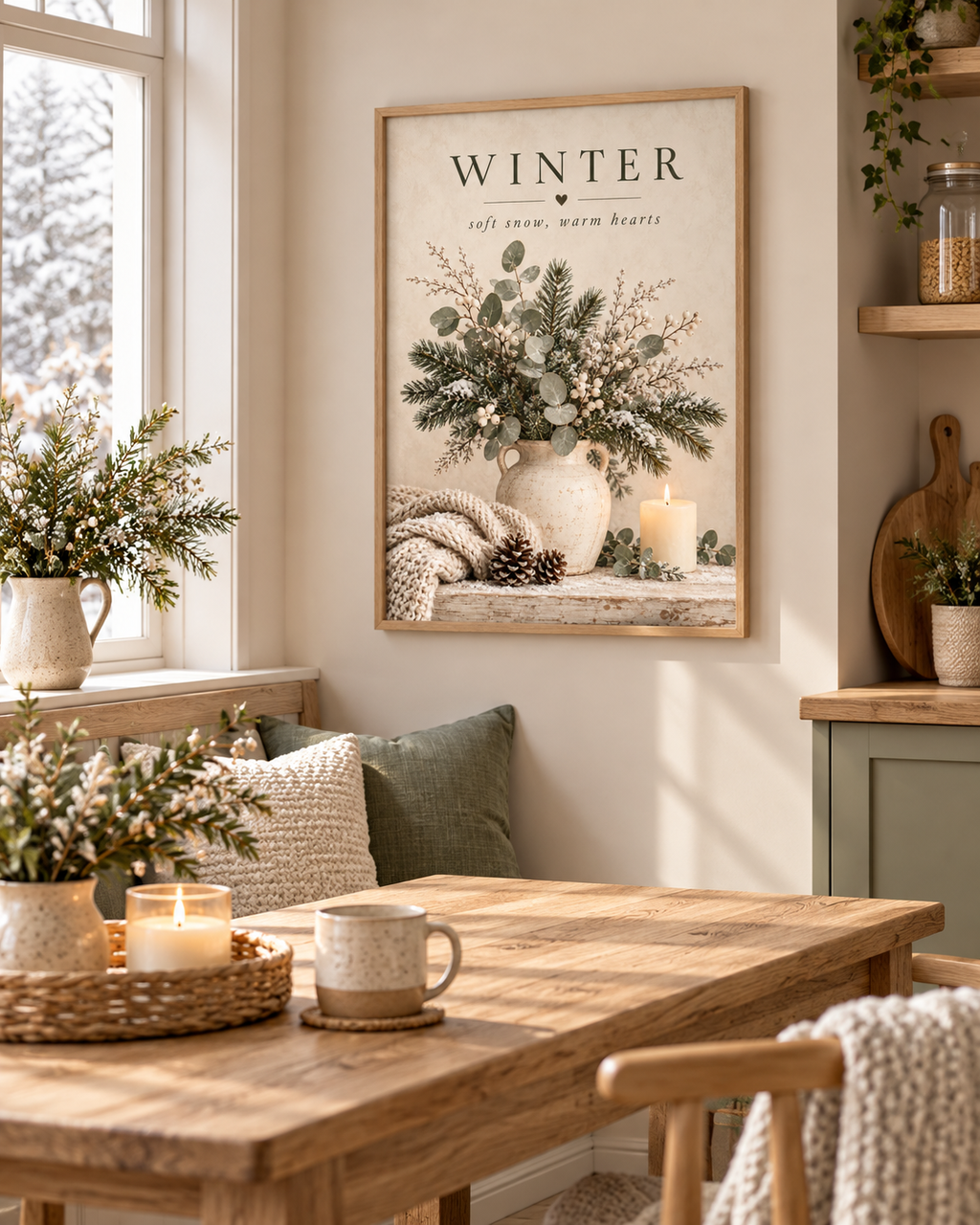 Winter soft snow, warm hearts artwork with snowy evergreens, eucalyptus, white berries, ceramic vase, knitted blanket, pine cones and candle styled in a dining corner