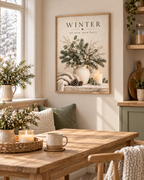 Winter soft snow, warm hearts artwork with snowy evergreens, eucalyptus, white berries, ceramic vase, knitted blanket, pine cones and candle styled in a dining corner