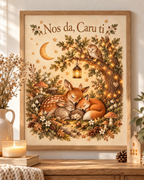Nos da Caru ti Welsh goodnight woodland scene with sleeping fox and deer, owl, crescent moon, lantern and leafy tree; print only, frame not included