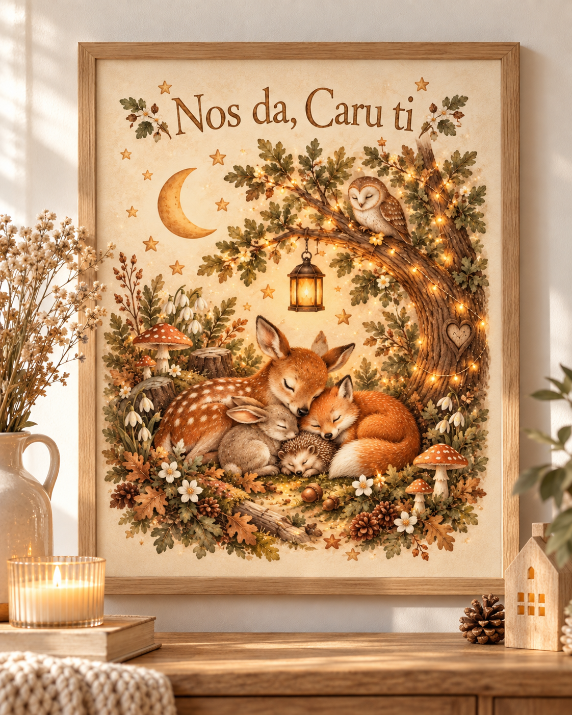 Nos da Caru ti Welsh goodnight woodland scene with sleeping fox and deer, owl, crescent moon, lantern and leafy tree; print only, frame not included