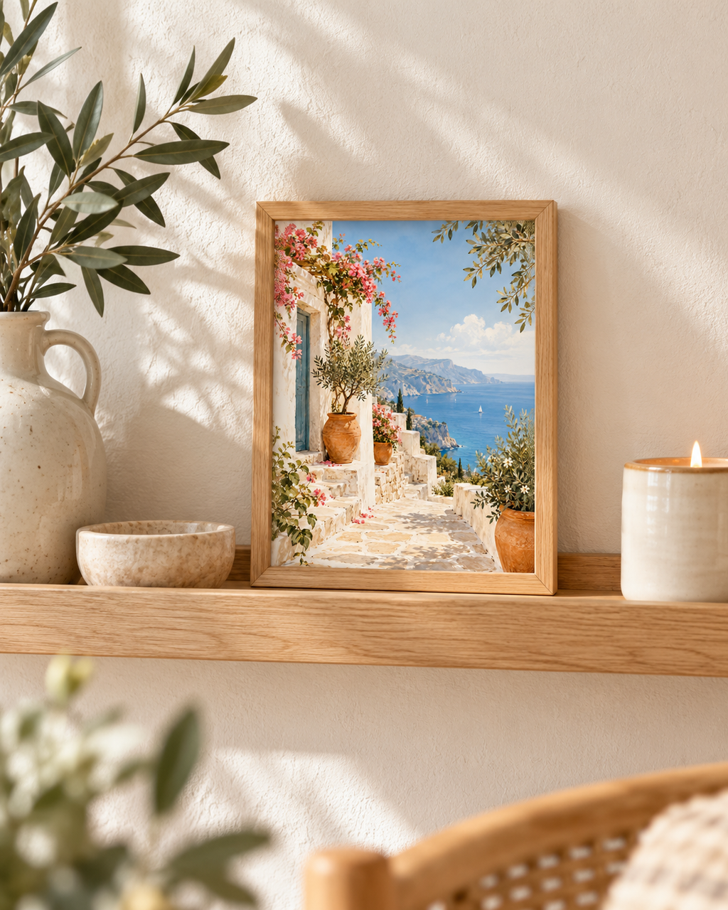 Mediterranean coastal scene with pink bougainvillea, whitewashed walls, terracotta pots and blue sea styled in a shelf display