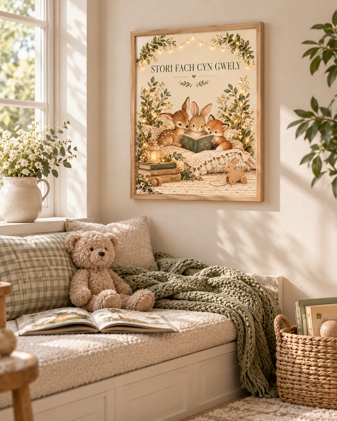 Stori Fach Cyn Gwely Welsh bedtime story with fawn, rabbit and fox reading a book among soft woodland foliage styled in a reading nook