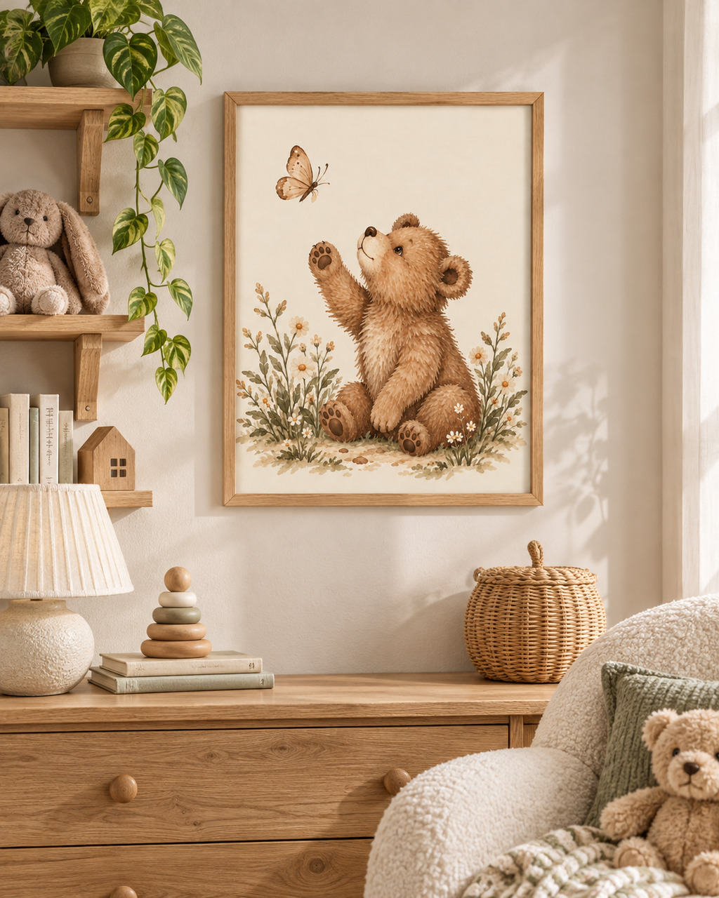 Watercolour teddy bear raising a paw towards a butterfly among daisies and soft foliage styled in a shelf display