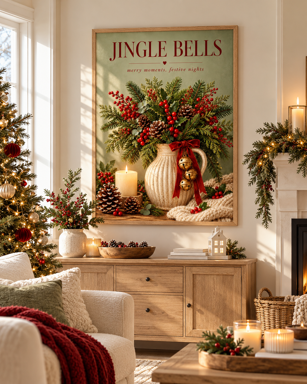 Jingle Bells Christmas artwork with evergreen foliage, red berries, gold bells, candle and pine cones styled in a living room