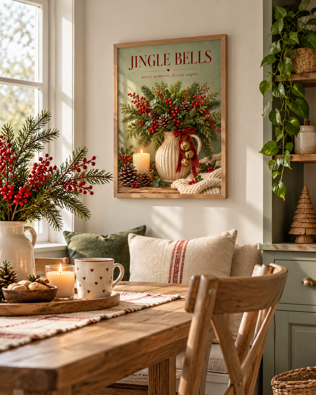 Jingle Bells Christmas artwork with evergreen foliage, red berries, gold bells, candle and pine cones styled in a dining room