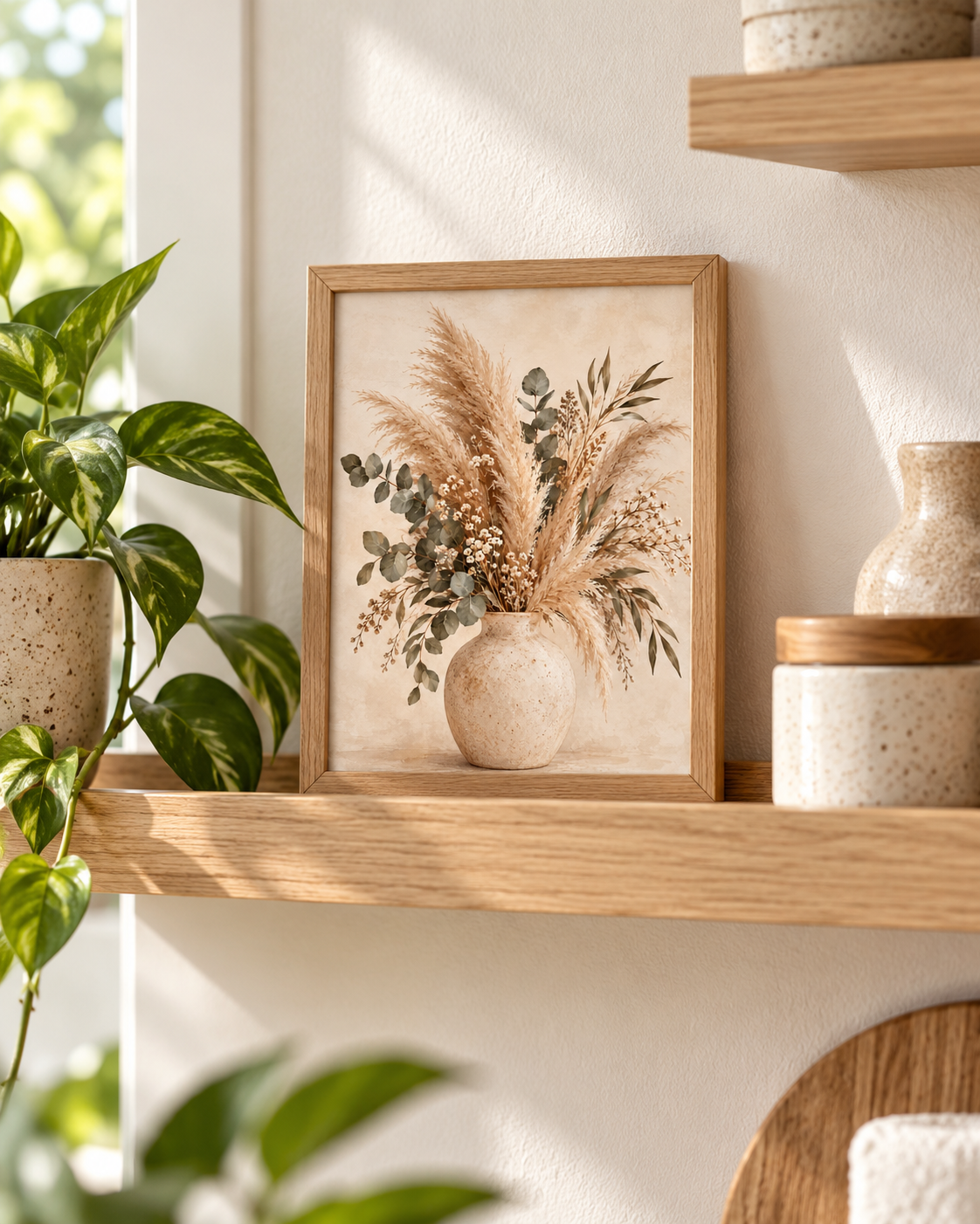 Neutral pampas grass, eucalyptus and tiny white flowers arranged in a rustic ceramic vase styled in a shelf display