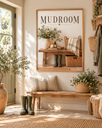 Mudroom artwork with green wellies, country flowers, baskets and rustic bench in a styled home display