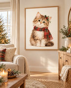Fluffy Christmas tabby kitten wearing a tartan scarf and holly styled in a living room