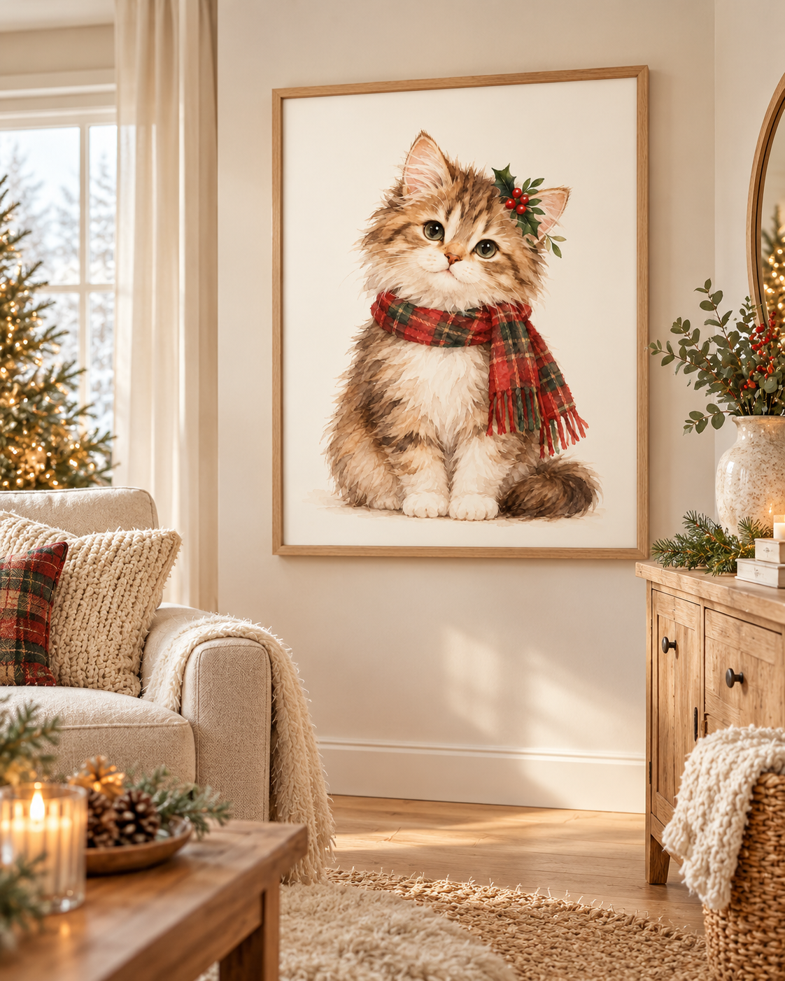 Fluffy Christmas tabby kitten wearing a tartan scarf and holly styled in a living room