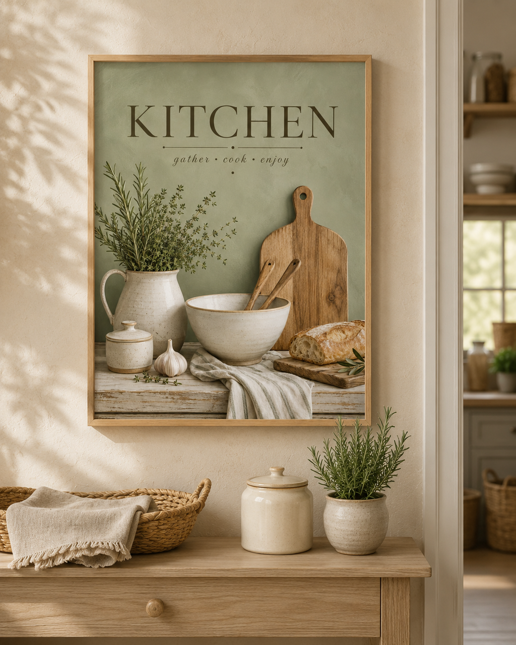 Sage green Kitchen gather cook enjoy artwork with herbs, ceramic jug, mixing bowl, wooden utensils, bread and garlic styled in a kitchen console display