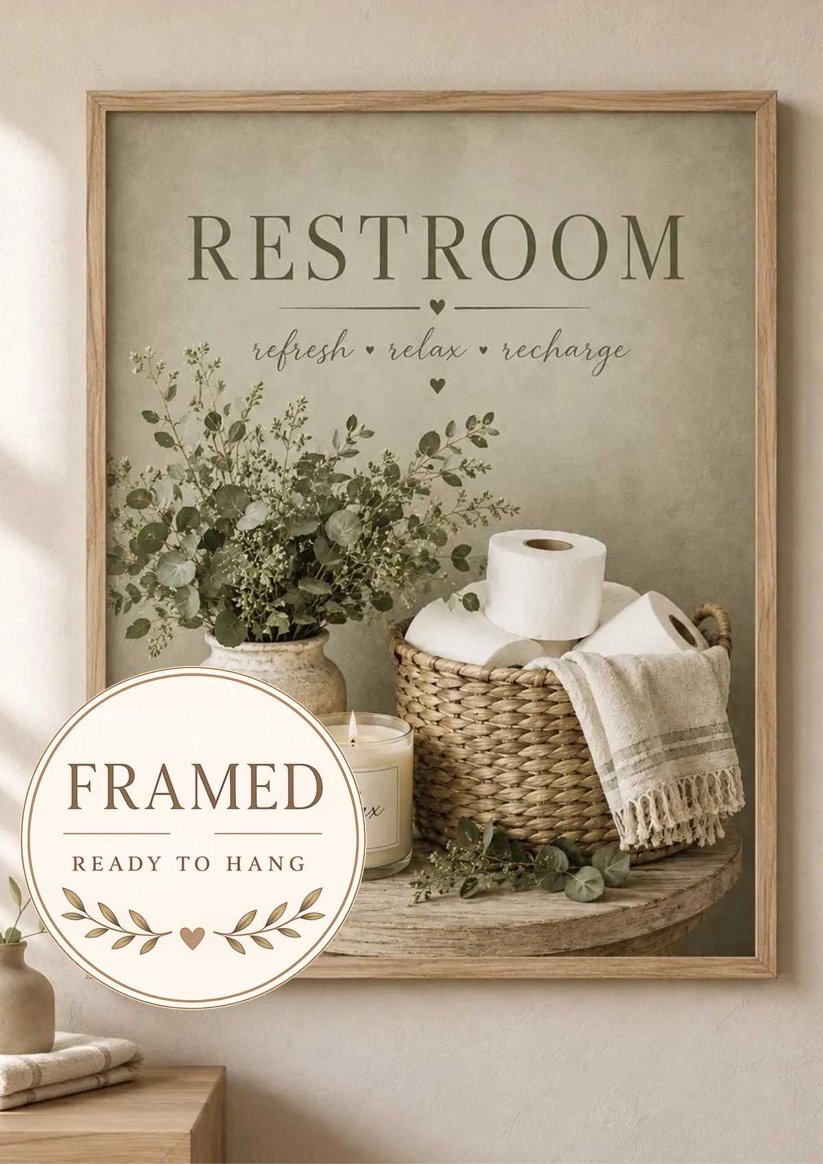 Framed Restroom artwork with eucalyptus, woven basket, towel and candle; supplied framed and ready to hang.