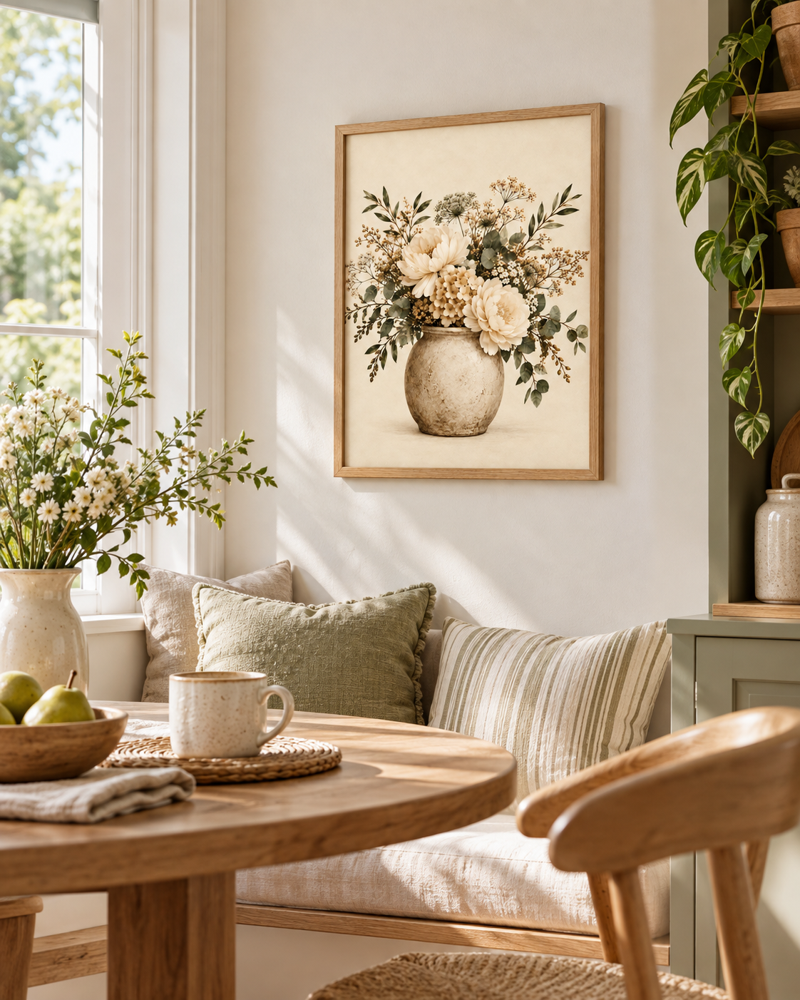 Cream floral bouquet artwork above a sofa beside a dining table