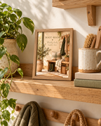 Boot Room quote, Muddy boots happier days, with wellies, rustic bench, woven baskets and country entryway details styled in a shelf display