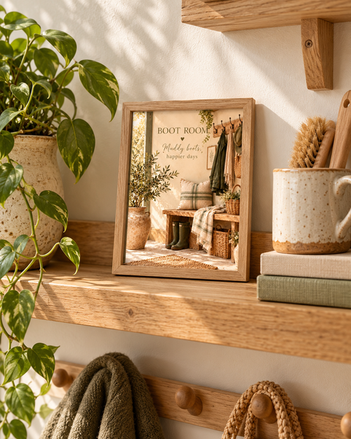 Boot Room quote, Muddy boots happier days, with wellies, rustic bench, woven baskets and country entryway details styled in a shelf display