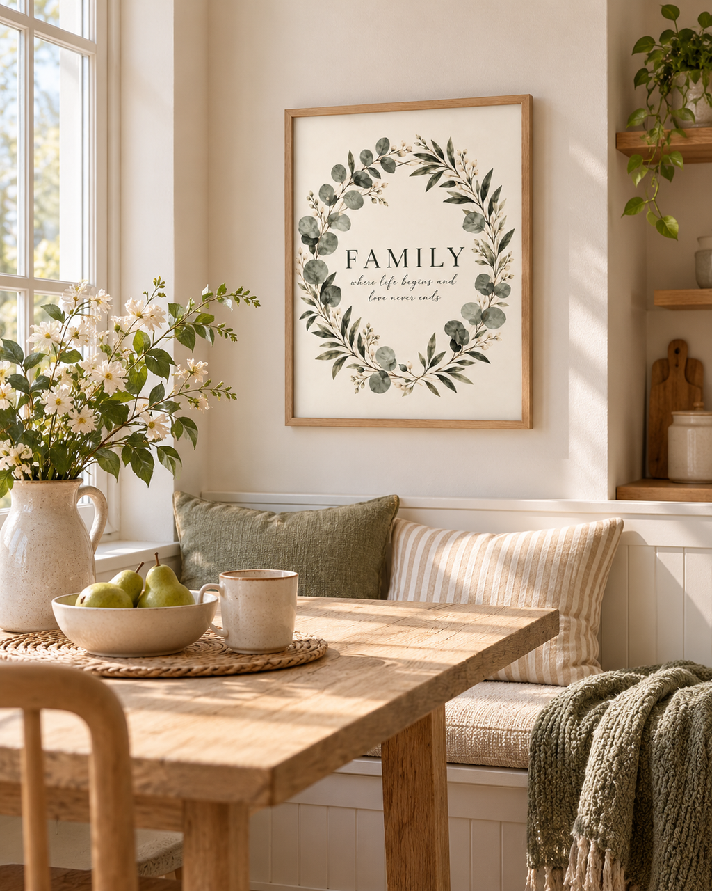 Family where life begins and love never ends quote surrounded by a sage green eucalyptus and white flower wreath styled in a dining area
