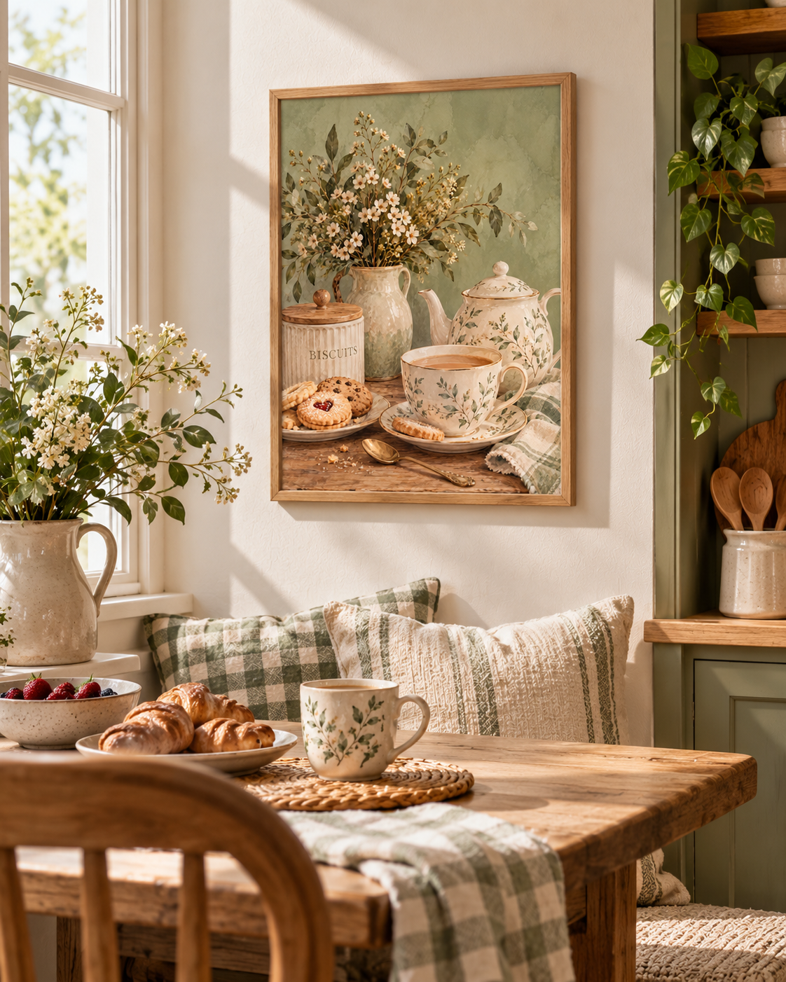 English tea and biscuits still life with floral teapot, matching teacup, cream flowers and sage-green background styled in a dining area