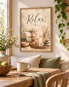 Relax spa artwork with candles, rolled towels, reed diffuser and smooth stones beside a cosy armchair