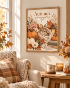 Autumn Bunny Print, Cosy Rabbit with Pumpkins, Florals and Lantern