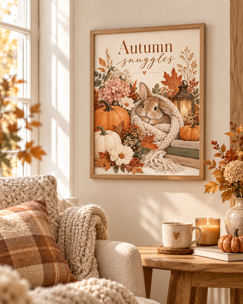 Autumn Bunny Print, Cosy Rabbit with Pumpkins, Florals and Lantern