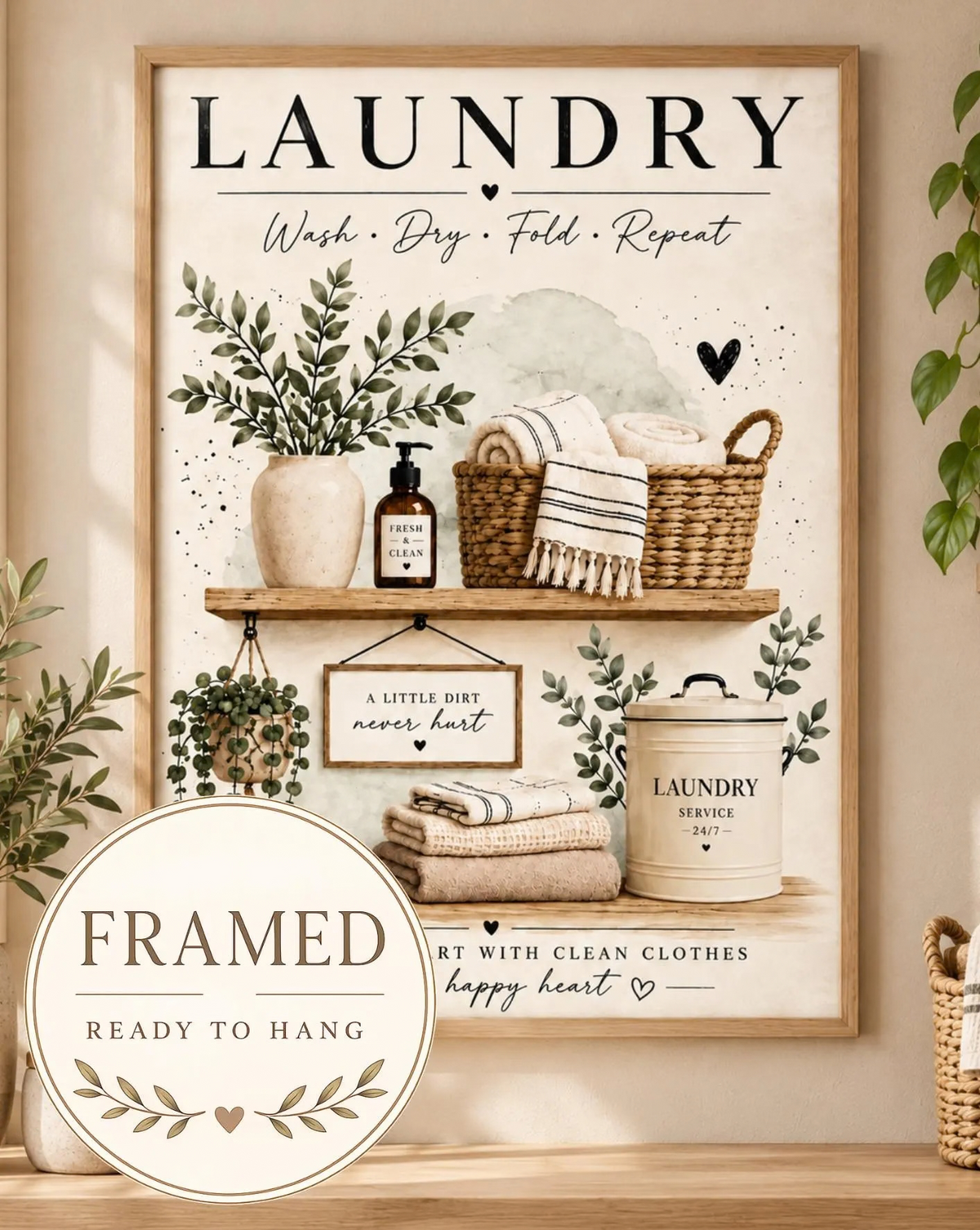 Framed Laundry Room Print, Wash Dry Fold Repeat Botanical Utility Room Art