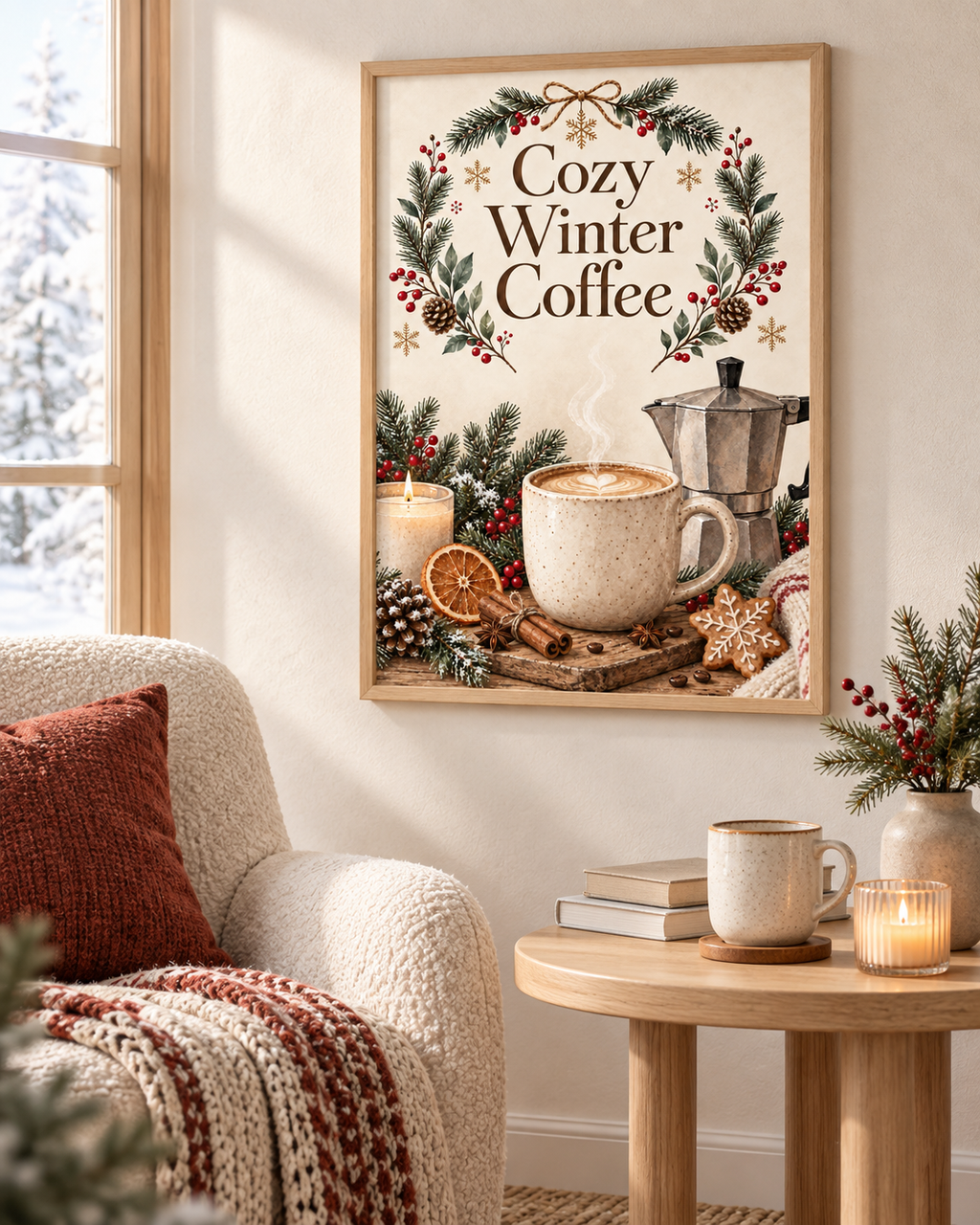 Winter Coffee Wall Art Print, Cosy Kitchen Decor