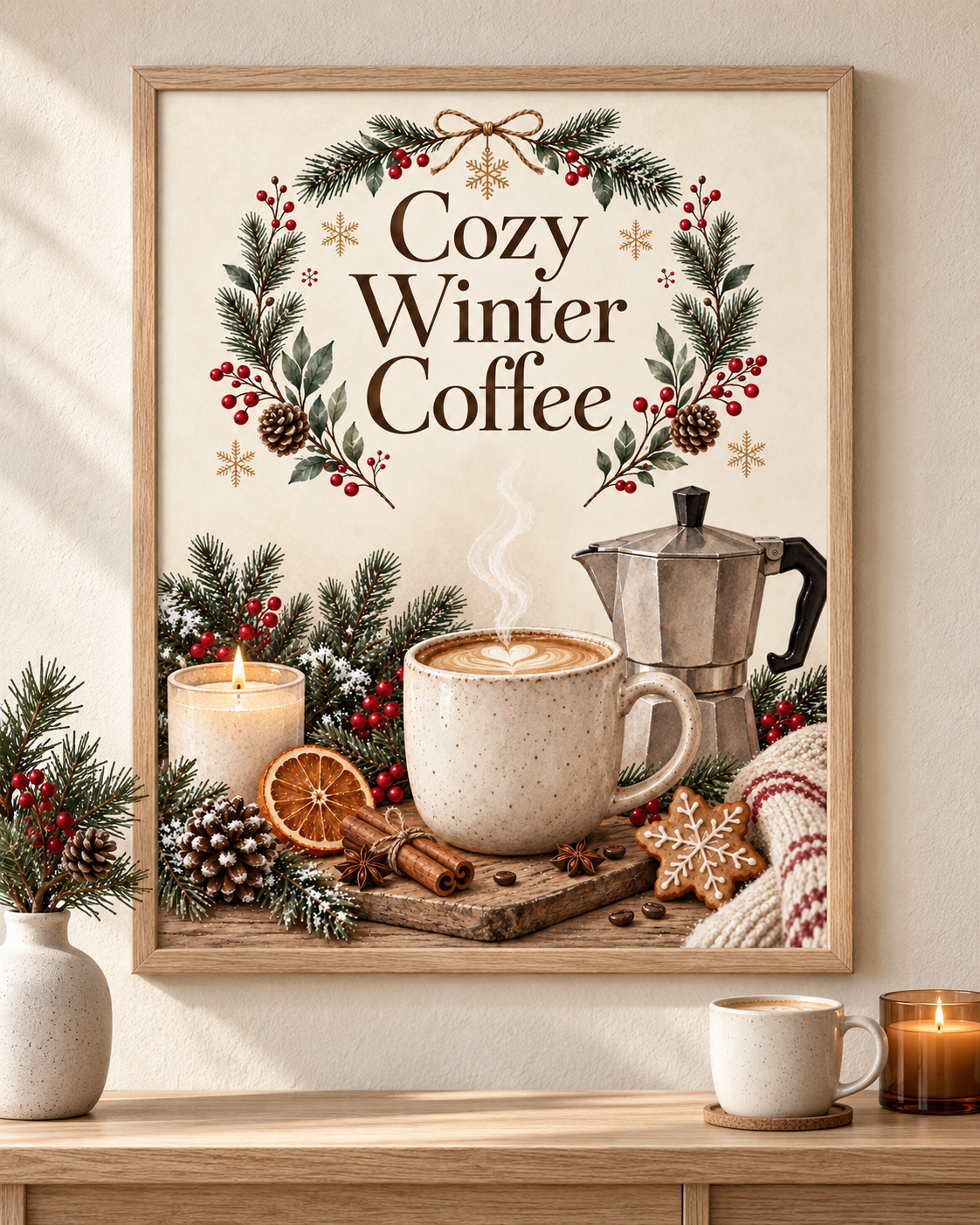Winter Coffee Wall Art Print, Cosy Kitchen Decor
