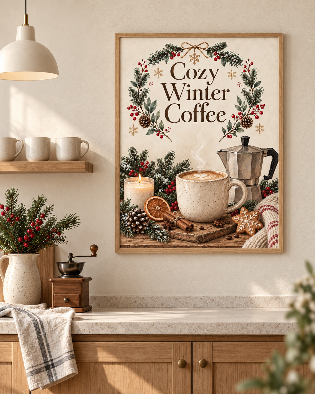 Winter Coffee Wall Art Print, Cosy Kitchen Decor