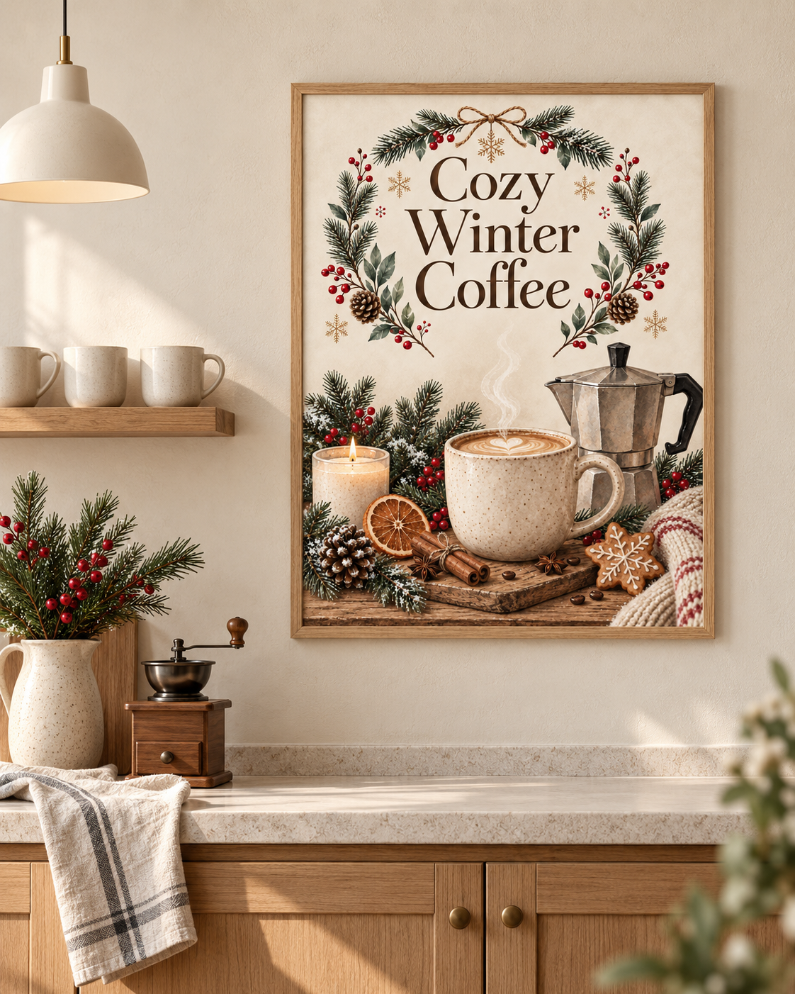 Winter Coffee Wall Art Print, Cosy Kitchen Decor