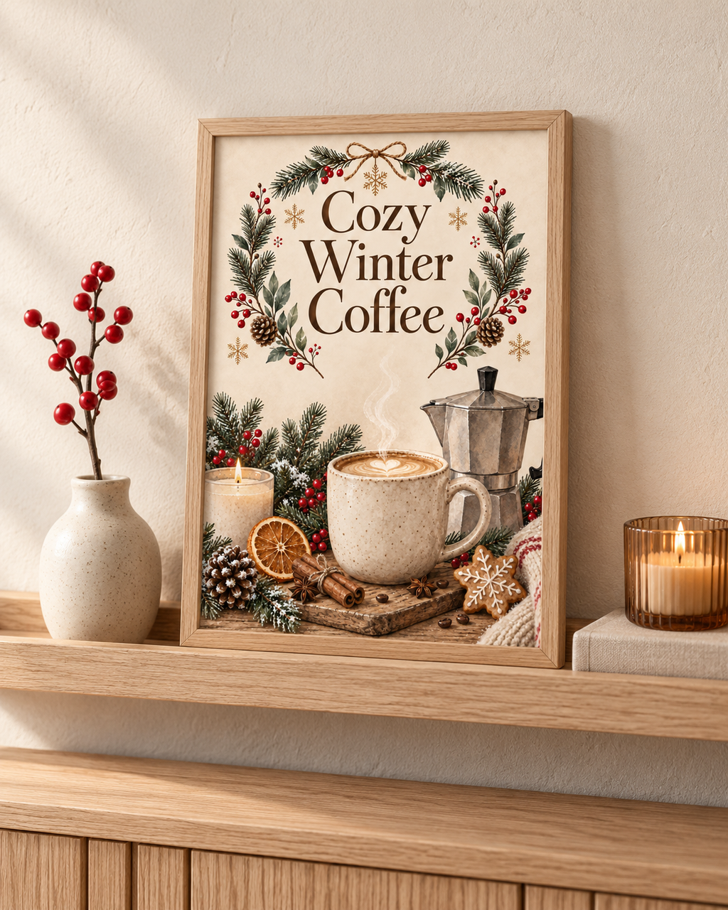 Winter Coffee Wall Art Print, Cosy Kitchen Decor