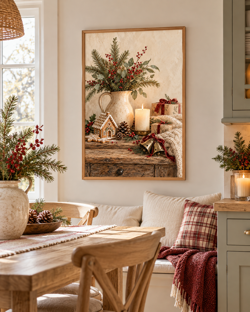 Rustic Christmas artwork with a gingerbread house, winter greenery, candle and wrapped gifts beside a dining table