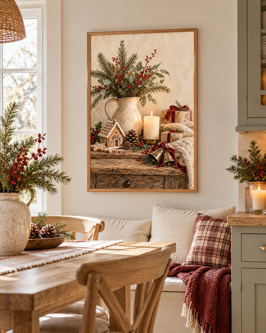 Rustic Christmas artwork with a gingerbread house, winter greenery, candle and wrapped gifts beside a dining table