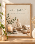 Buddha meditation artwork with eucalyptus, candle, stones and the words breathe, soften, be still; print only, frame not included