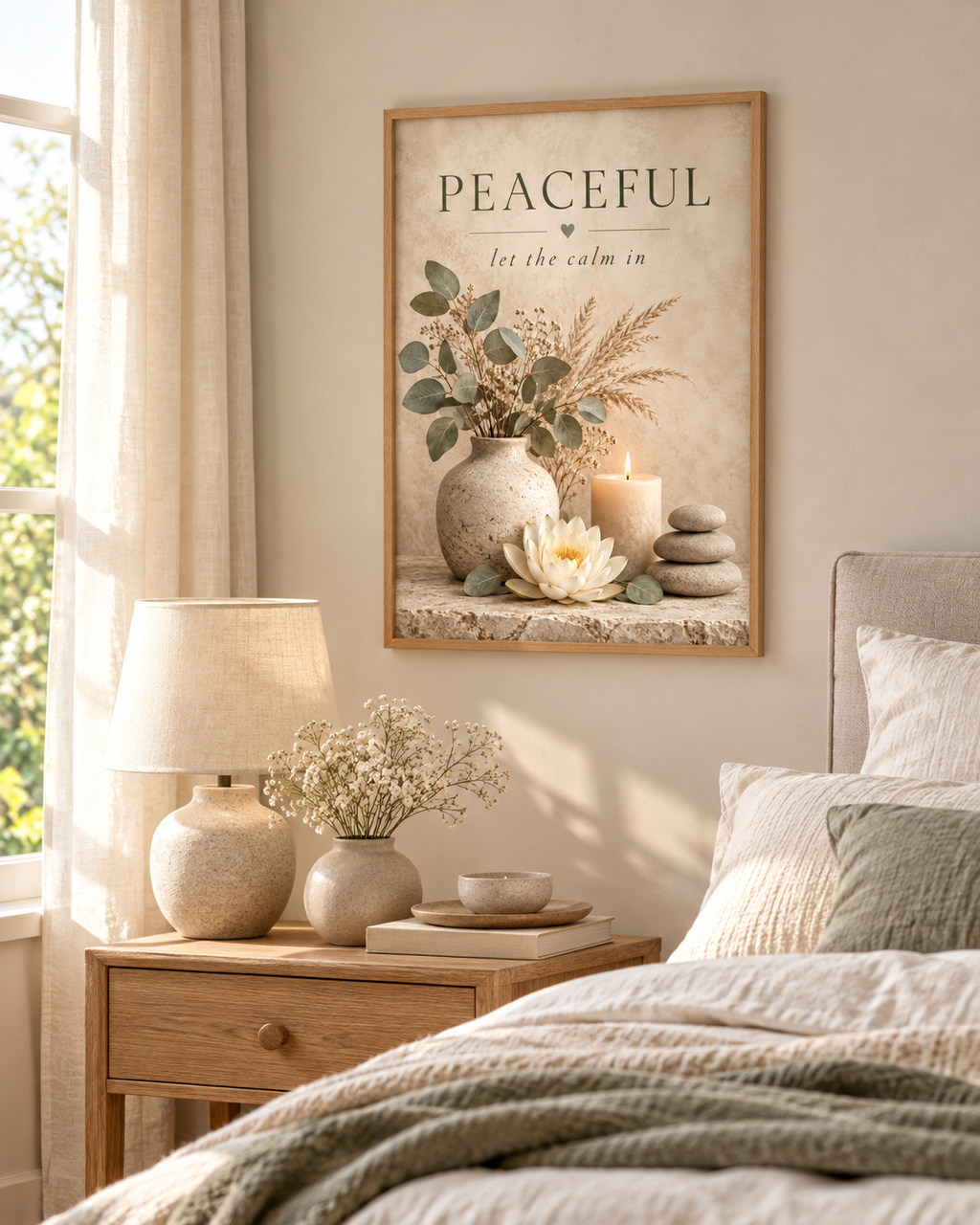 Peaceful let the calm in botanical artwork with eucalyptus, dried grasses, lotus flower, candle and stacked stones styled in a bedroom