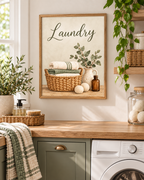 Laundry artwork with olive-green script, woven basket of folded towels, leafy ceramic jug, wool dryer balls and amber bottle styled in a utility room