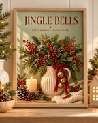 Jingle Bells Christmas artwork with evergreen foliage, red berries, gold bells, candle and pine cones; print only, frame not included