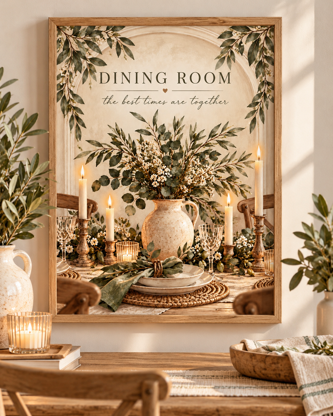 Dining Room the best times are together quote with sage greenery, white flowers, ceramic jug, candles and rustic table setting; print only, frame not included