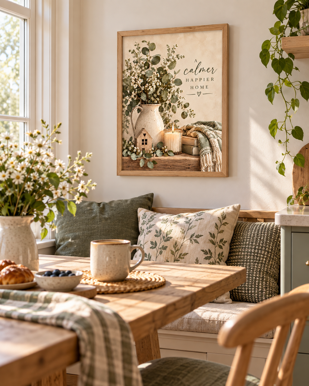 A calmer happier home botanical artwork with eucalyptus, white wildflowers, rustic jug, candle, wooden house and knitted blanket styled in a breakfast nook