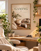 Gaming room artwork with Play Pause Recharge quote, controller, headphones, coffee and foliage in a styled home display
