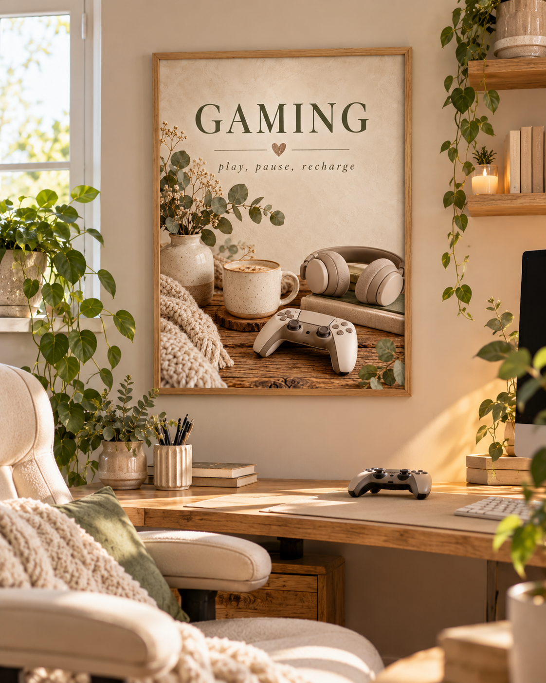 Gaming room artwork with Play Pause Recharge quote, controller, headphones, coffee and foliage in a styled home display
