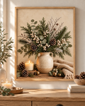 Winter botanical still life with evergreen foliage, eucalyptus, white berries and pine cones in a rustic jug, candle, brass bells and knitted blanket; print only, frame not included