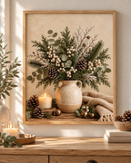 Winter botanical still life with evergreen foliage, eucalyptus, white berries and pine cones in a rustic jug, candle, brass bells and knitted blanket; print only, frame not included
