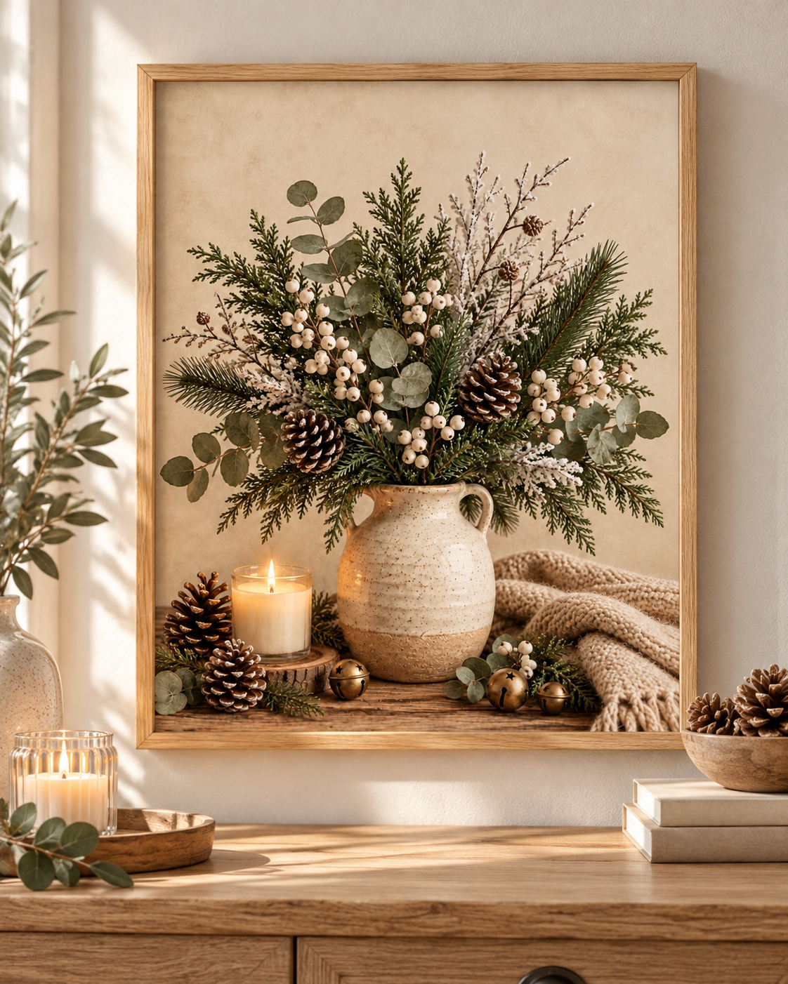 Winter botanical still life with evergreen foliage, eucalyptus, white berries and pine cones in a rustic jug, candle, brass bells and knitted blanket; print only, frame not included